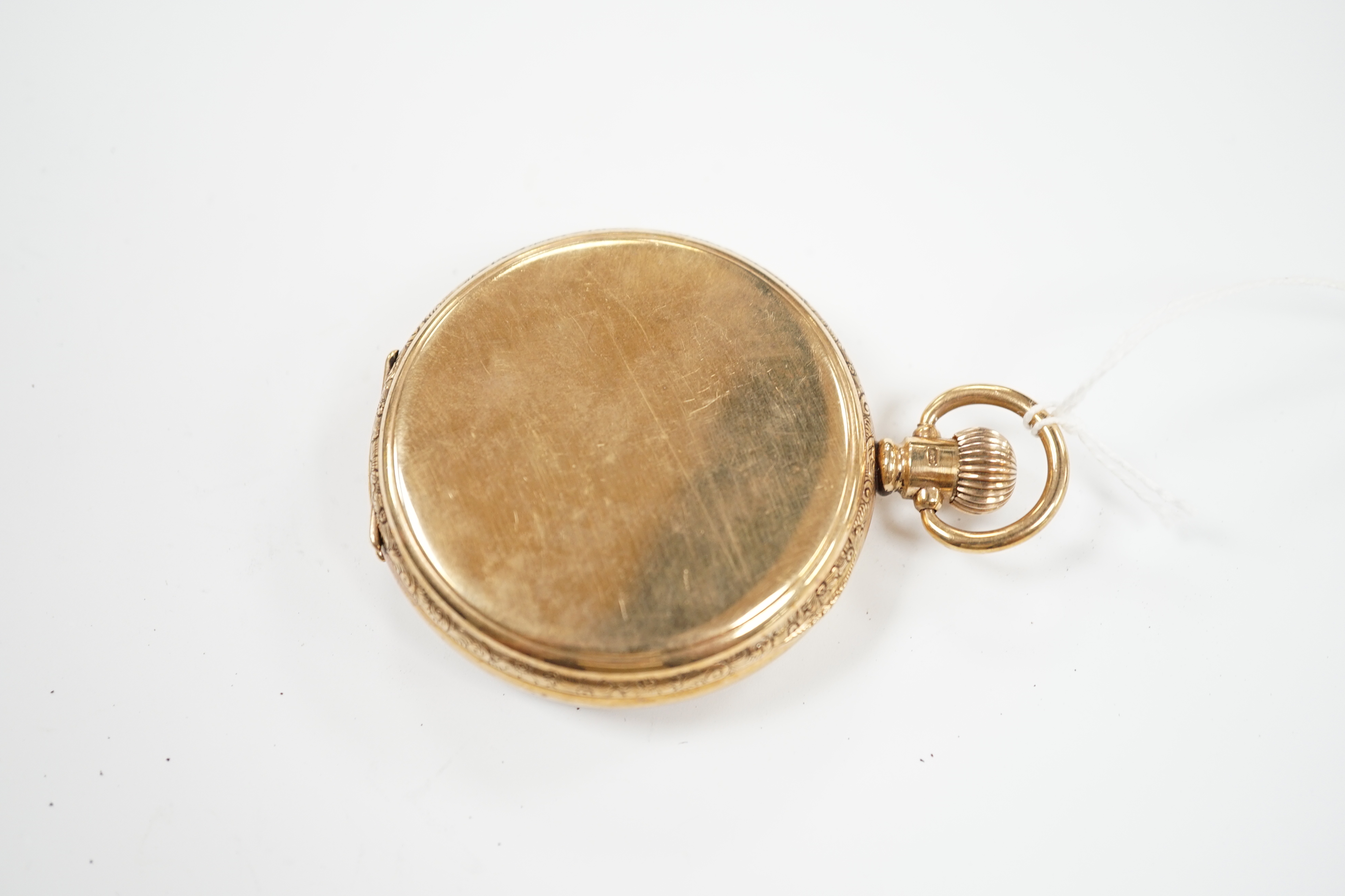 A George V 9ct gold keyless hunter pocket watch, with Roman dial and subsidiary seconds, case diameter 50mm, gross weight 107 grams.